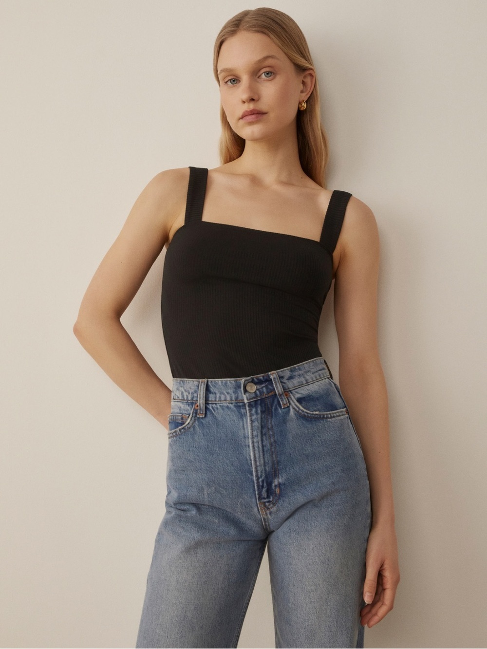 Reformation Canyon Tank Ribbed Square Neck Tank Top in Black